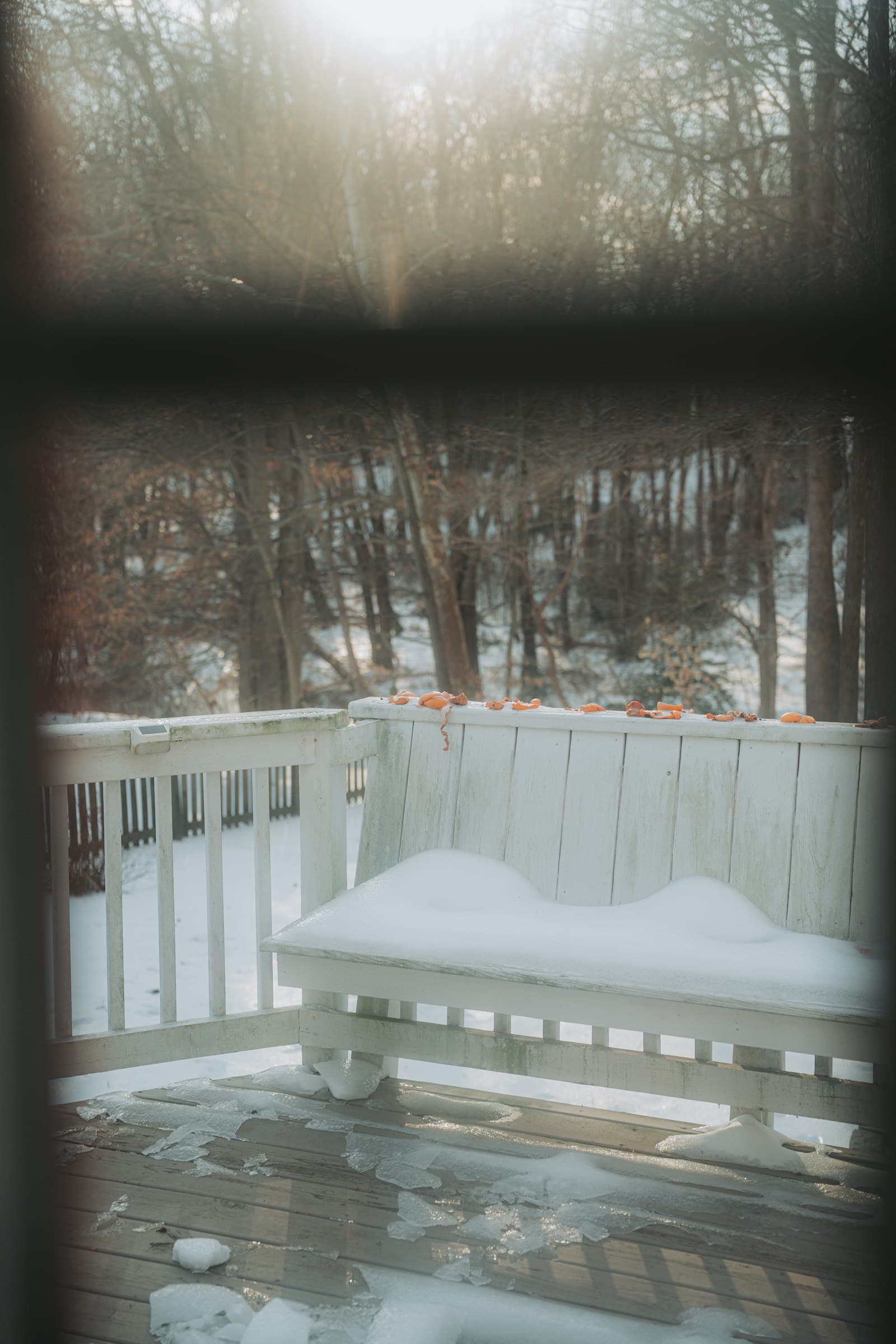 A snow-covered bench on a wooden deck in winter — the southern Ontario freeze-thaw environment that drives the five-year material cost comparison.