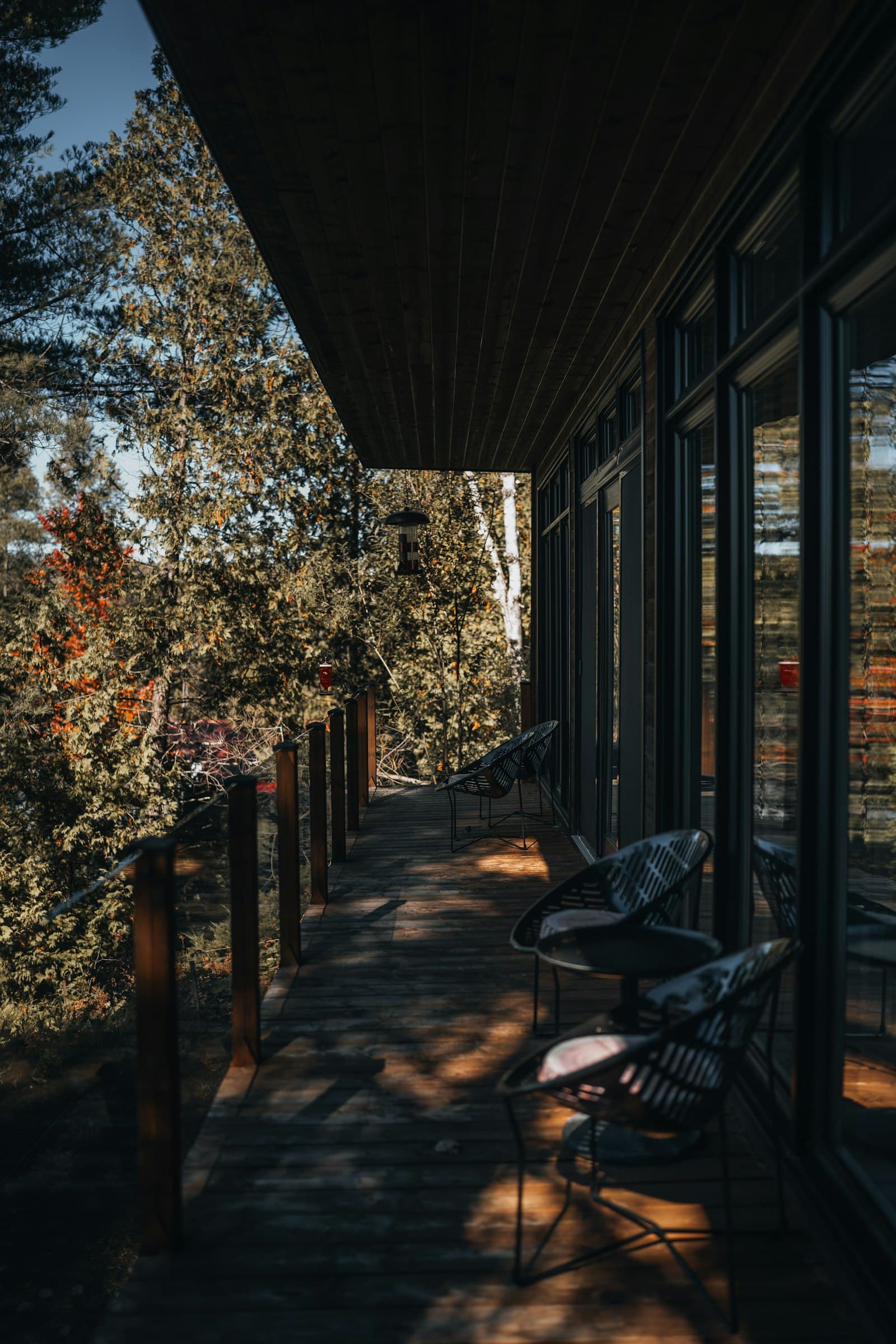Modern composite deck and balcony with dark board orientation, minimal railing, and a forest backdrop — the contemporary detailing typical of a high-spec Ontario build.